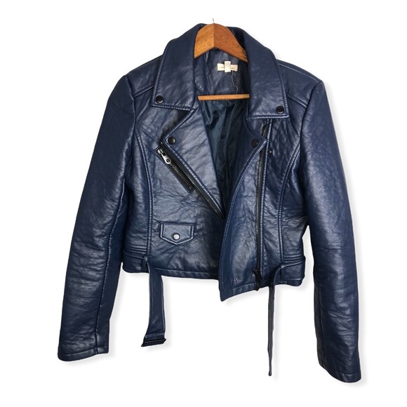 Silence+Noise Eva Vegan Leather Pebbled Moto Jacket in Navy Blue - Picture 1 of 7